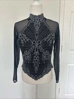 Embellished Black Mesh Long-Sleeve top. Size M